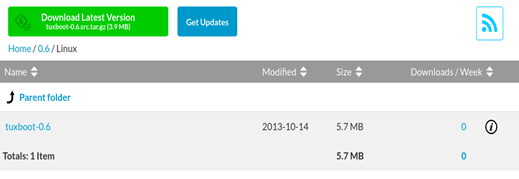 The SourceForge Tuxboot page showing the Home/0.6/Linux directory