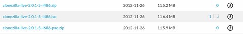 The SourceForge Clonezilla page showing iso files