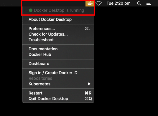 Top right screenshot of a macOS system shows the Docker icon with a dropdown menu. The first line in the menu is highlighted and reads 'Docker desktop is running'.