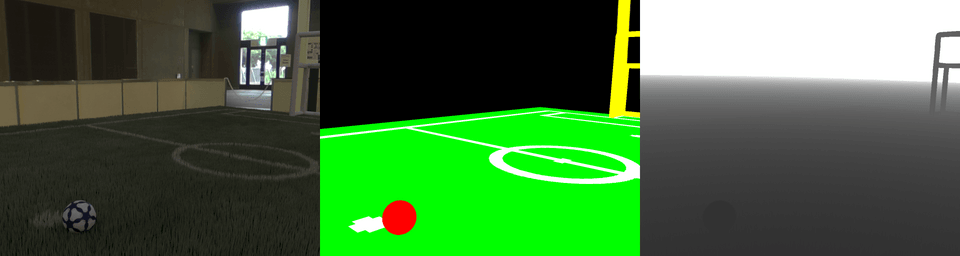 RGB, segmentation and depth images for a generated ball on a synthetic field