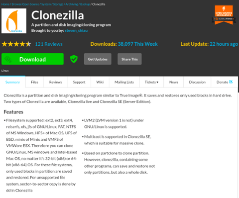 The SourceForge Clonezilla download page