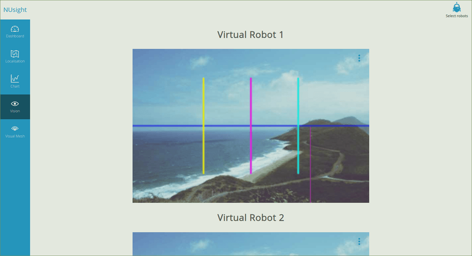 Vision tab. Shows a square box with an image. The image has coloured lines overlaying it, respresenting where the robot thinks there are goal posts. A horizon line spans across the middle of the image horizontally.